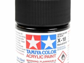 Farba akrylowa Acrylic Mini X-18 Semi Gloss Black o pojemności 10 ml do stosowania na podłożach m.in. plastikowych, metalowych i drewnianych. Typ wykończenia serii farb oznaczonych X: błyszczący.